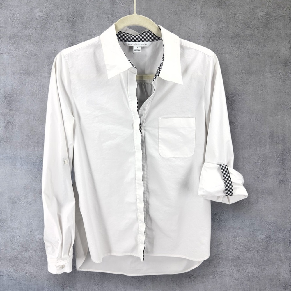 Diane Von Furstenberg Button Down Shirt Womens 8 Lorelei Two Gingham Quiet Luxe